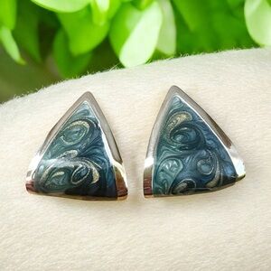 Vintage Green & Cream Enamel Silver Earrings